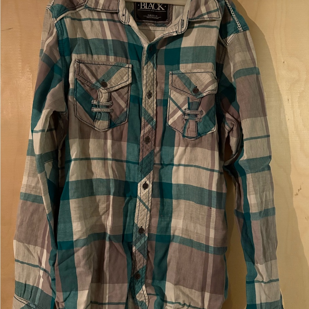 Buckle Black Teal and Gray Plaid Button-Down Shirt